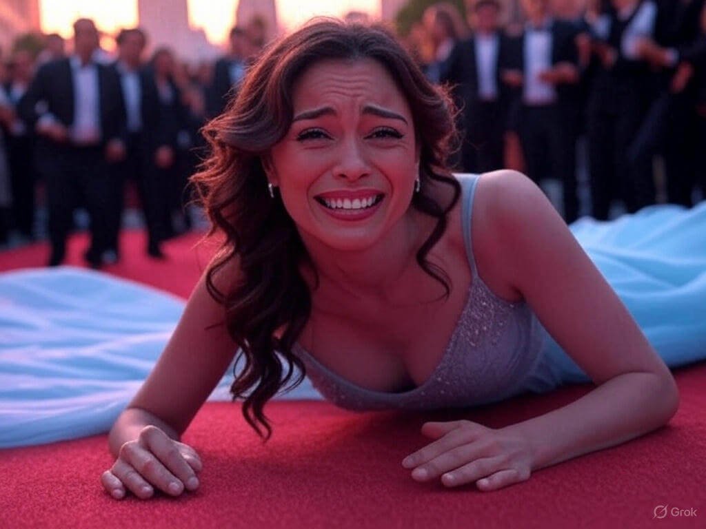 Celebrity tripping on red carpet mid-fall with embarrassed grin, soft pastels in pinks and blues, capturing a lighthearted blooper moment.