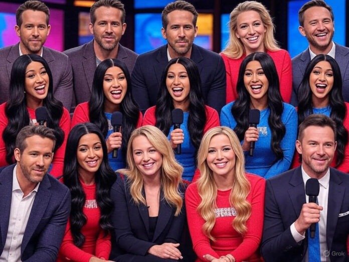 Collage of celebrities laughing on talk show sets with microphones and stage lights, in vibrant pop-art style. Collage of celebrities laughing on talk show sets with microphones and stage lights, in vibrant pop-art style.