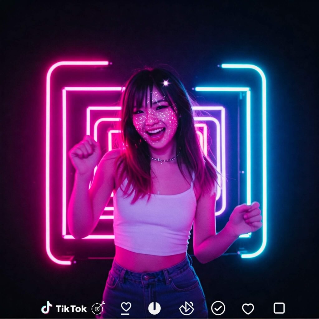 TikTok creator dancing with glow filter.
