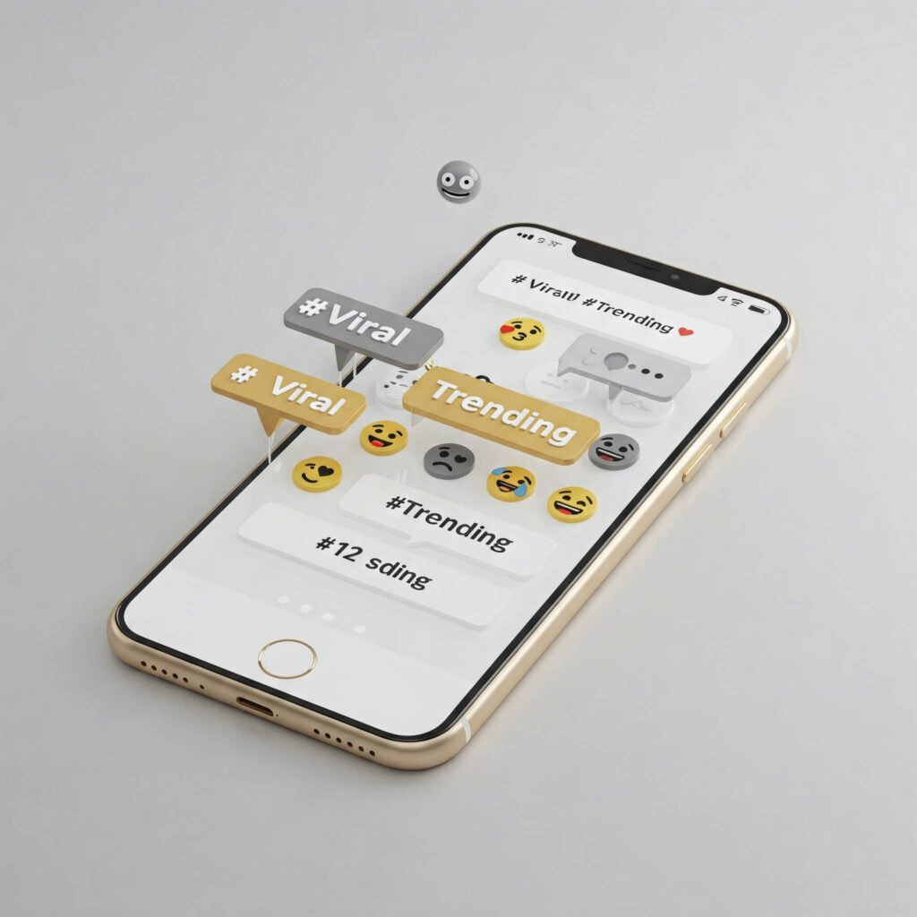 Smartphone with Trending Hashtags and Emojis