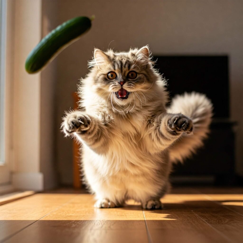 Cat jumping at cucumber