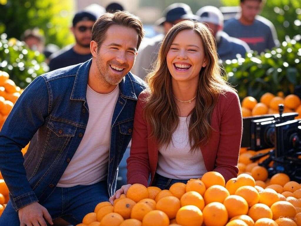 Two celebrities giggling on a film set with cameras, vibrant oranges and greens, showcasing a fun, collaborative blooper moment.