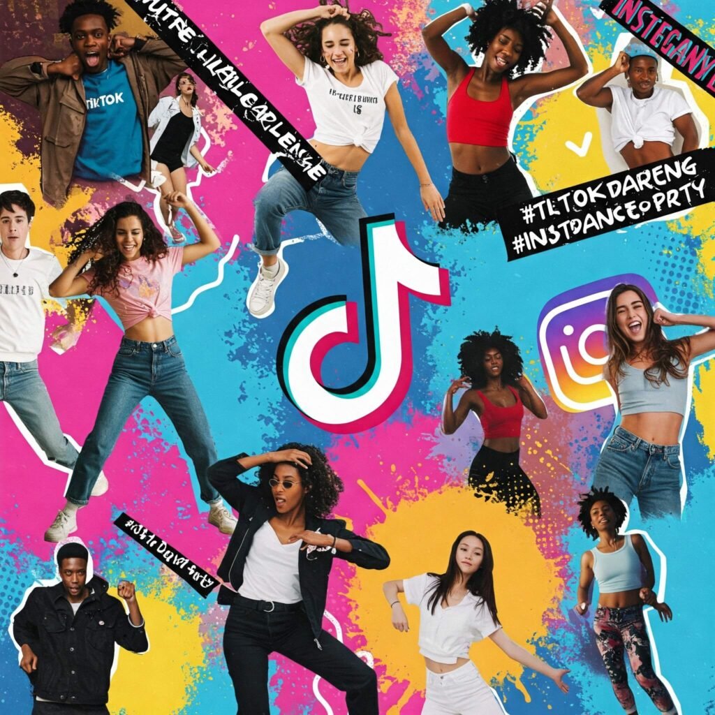 Social media app logos (TikTok, Instagram), people dancing, and challenge hashtags in a vibrant collage.