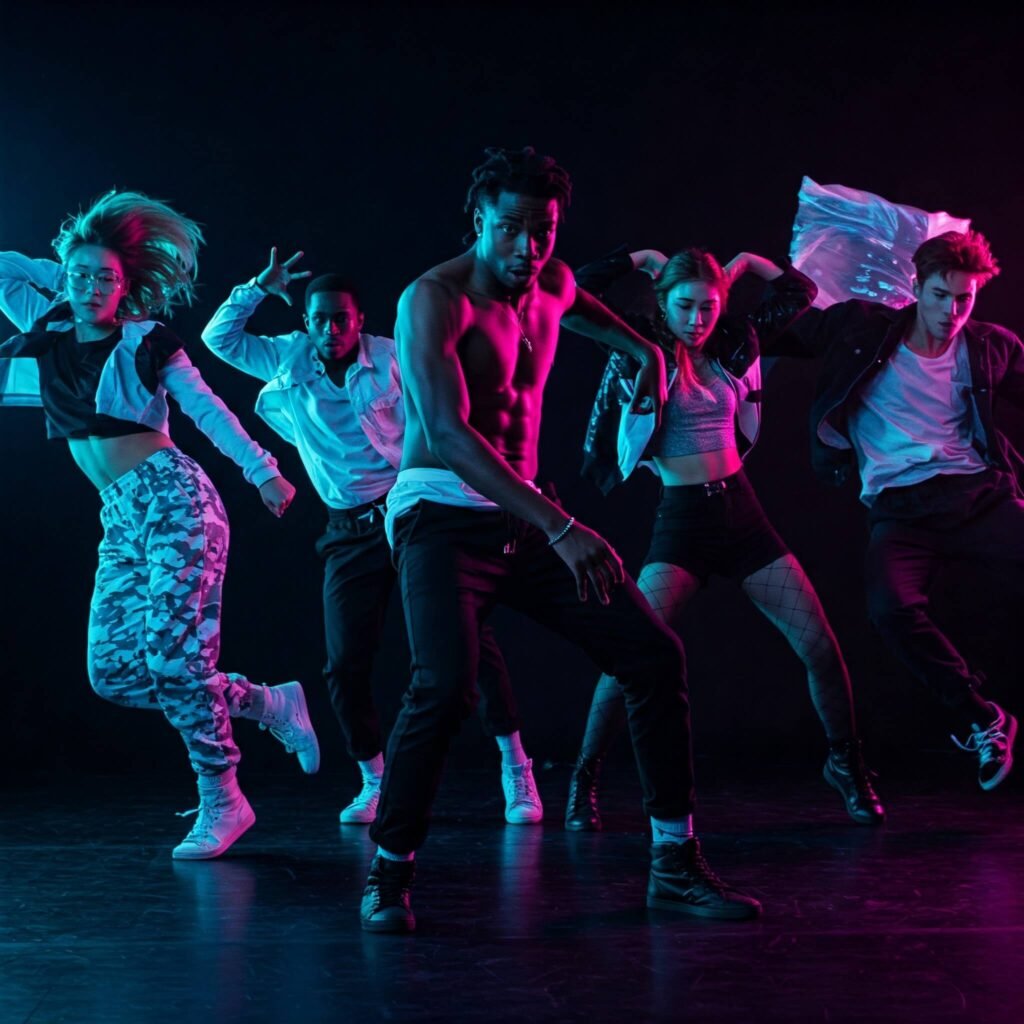 Diverse dancers in neon light.