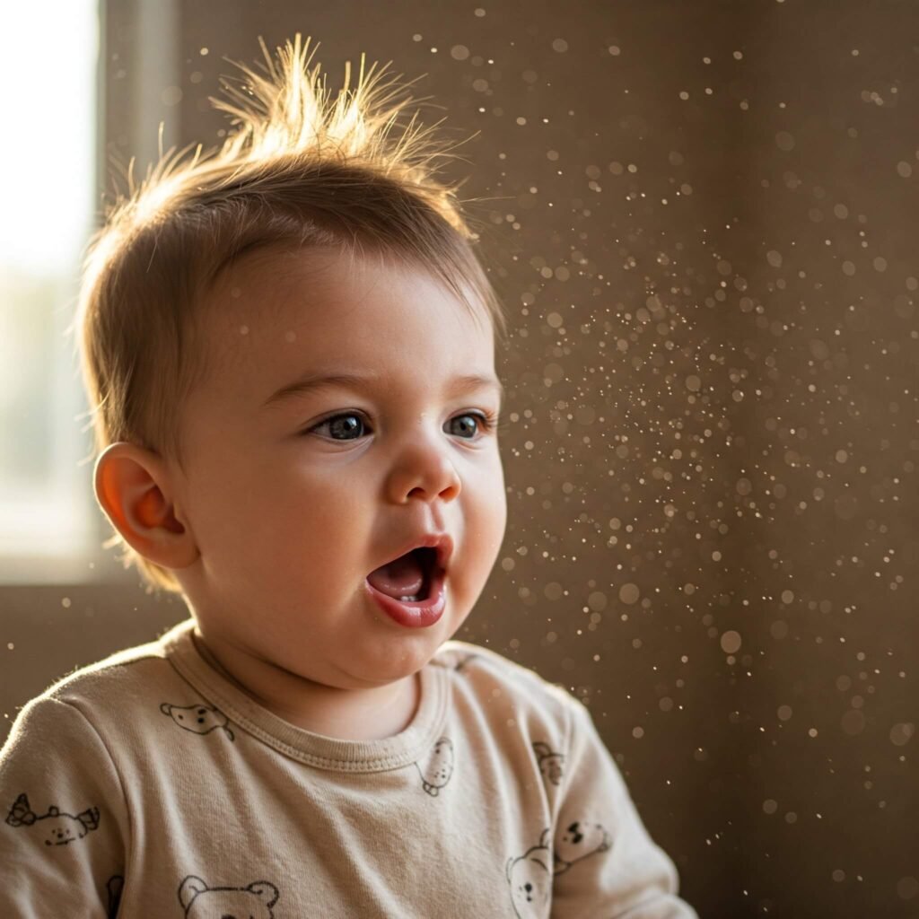 Surprised baby sneezing