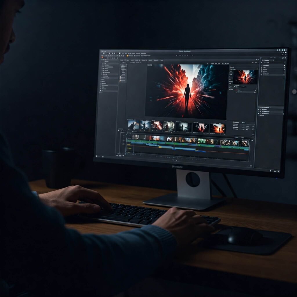 Professional video editor at work.