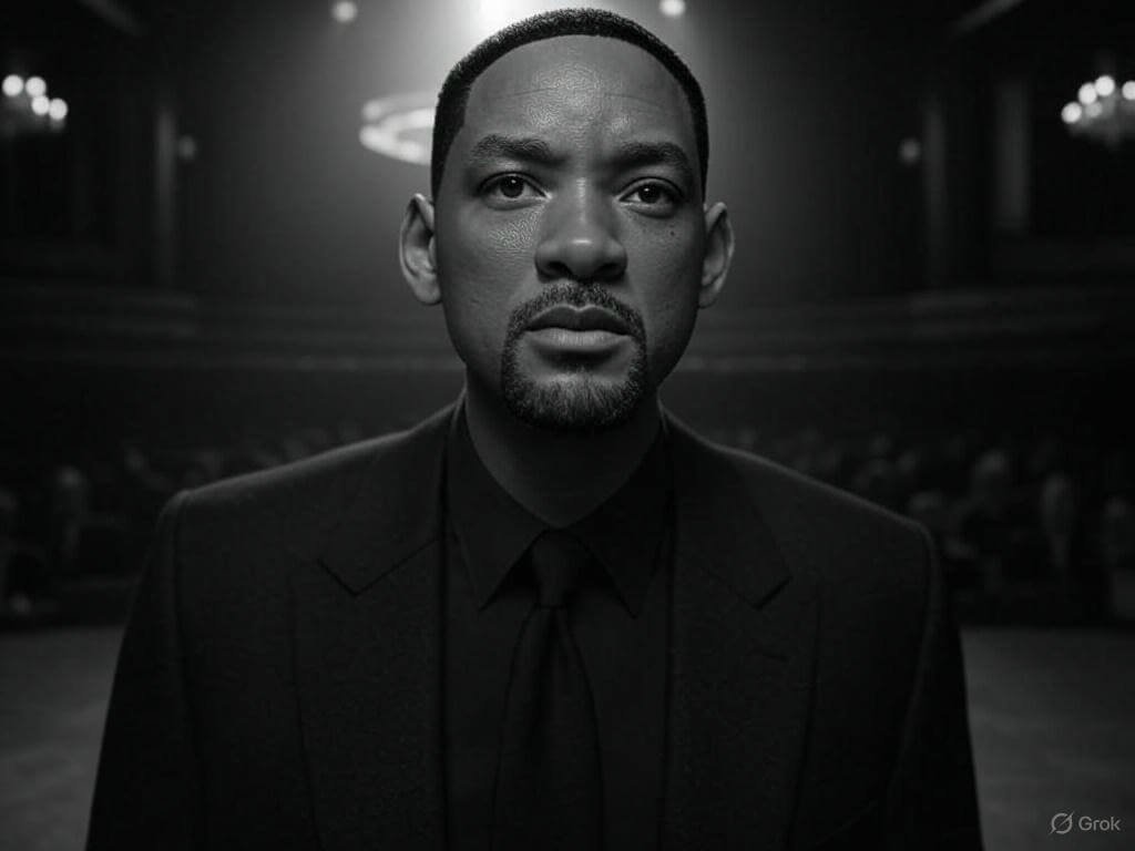Will Smith on Oscars stage, tense moment, dramatic black-and-white shot with spotlight.