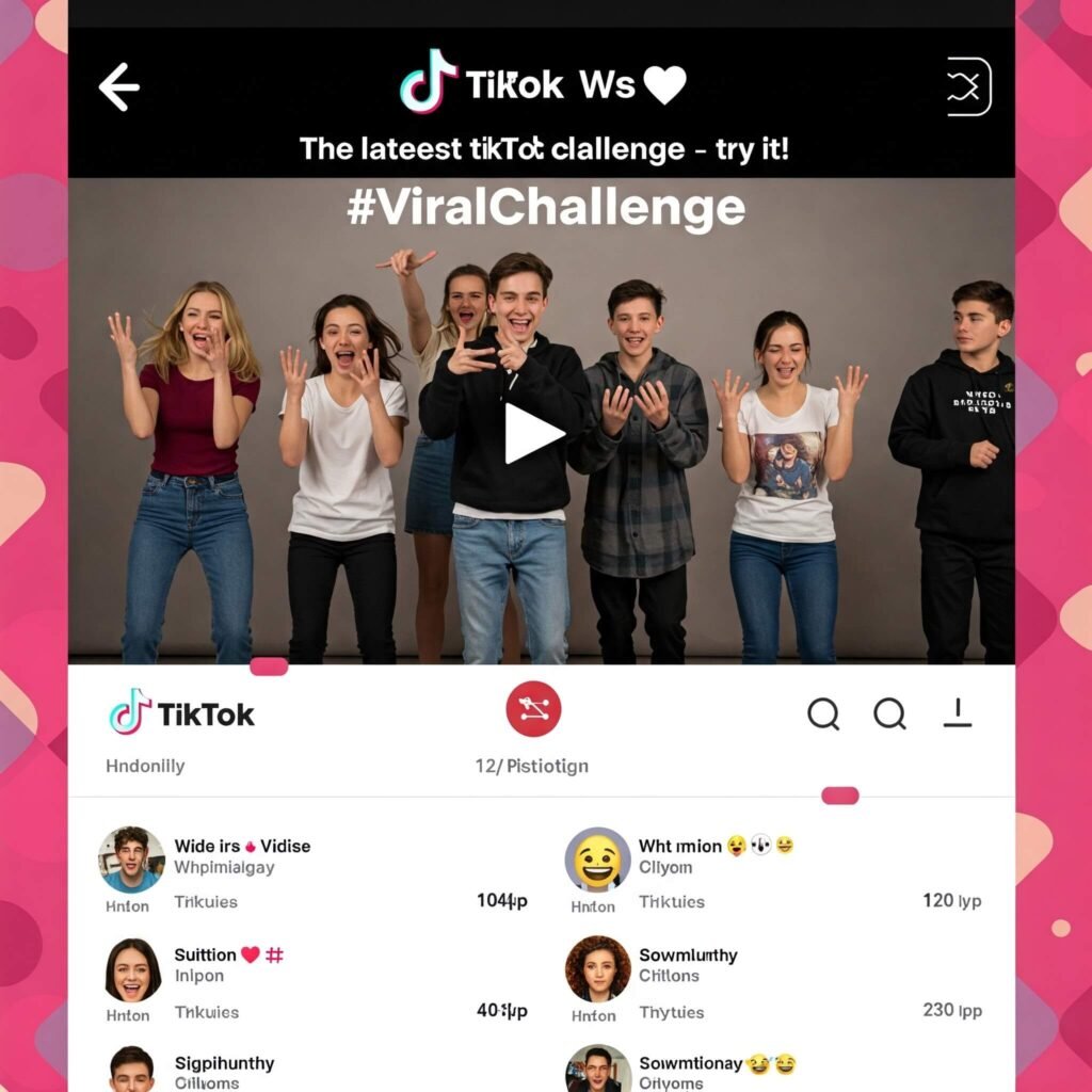 Mock TikTok video interface with a trending hashtag like #ViralChallenge.