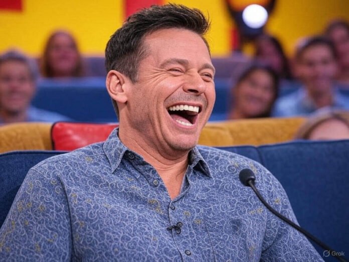 Celebrity laughing on talk show set with bright yellow background and microphone, capturing humorous blooper moment. Celebrity laughing on talk show set with bright yellow background and microphone, capturing humorous blooper moment.