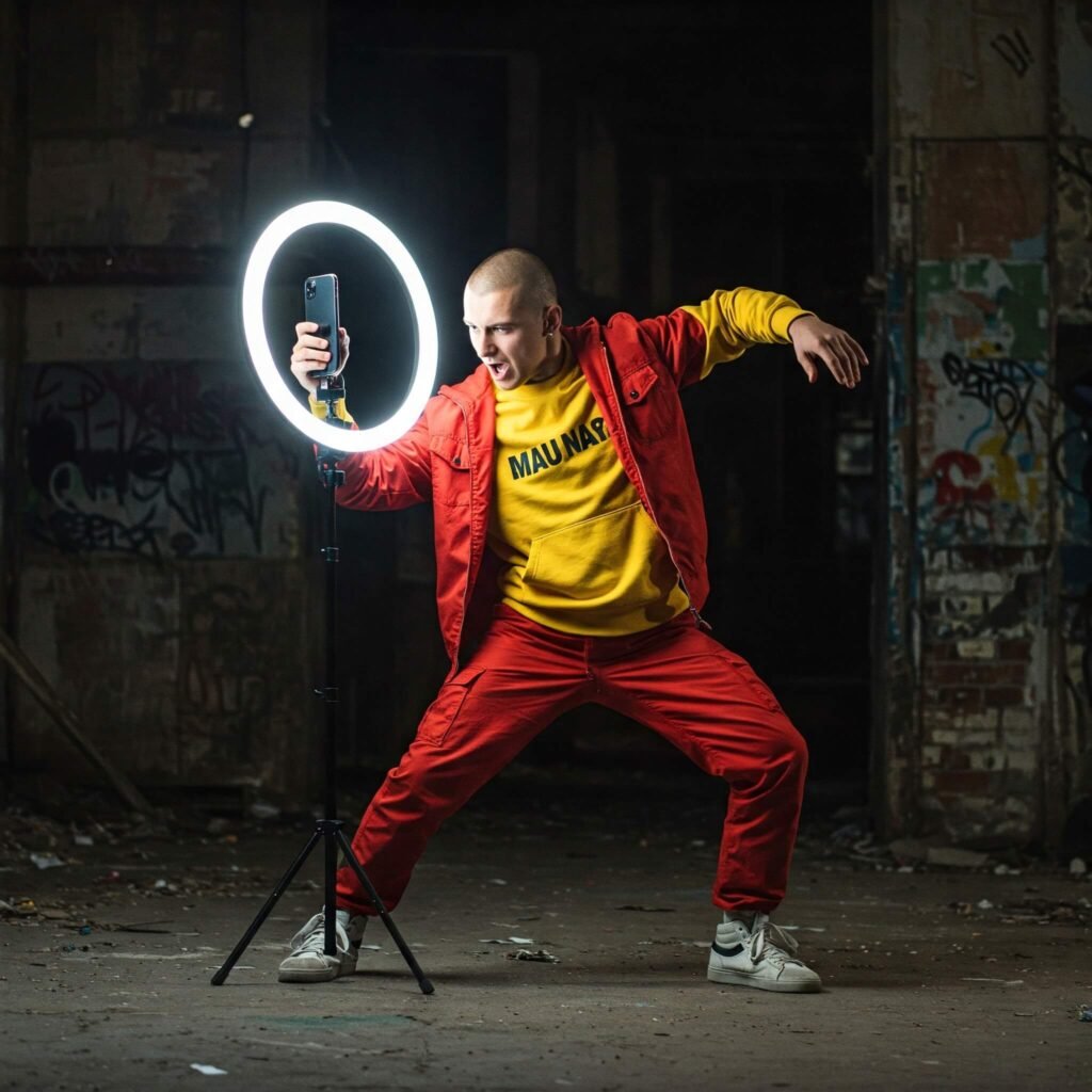 Dancer filming with ring light in city.