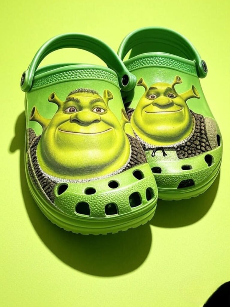 "Crocs x Shrek on a neon green background"
