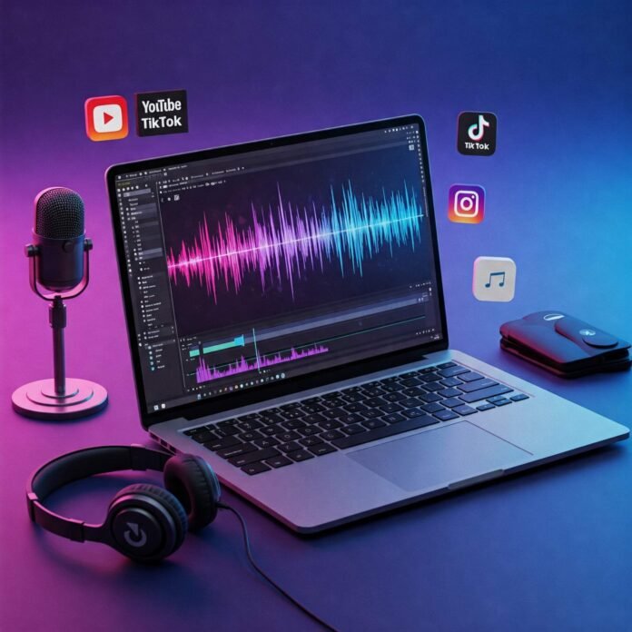Laptop screen displaying video editing software with colorful audio waveforms and social media icons (YouTube, TikTok, Instagram). Laptop screen displaying video editing software with colorful audio waveforms and social media icons (YouTube, TikTok, Instagram).