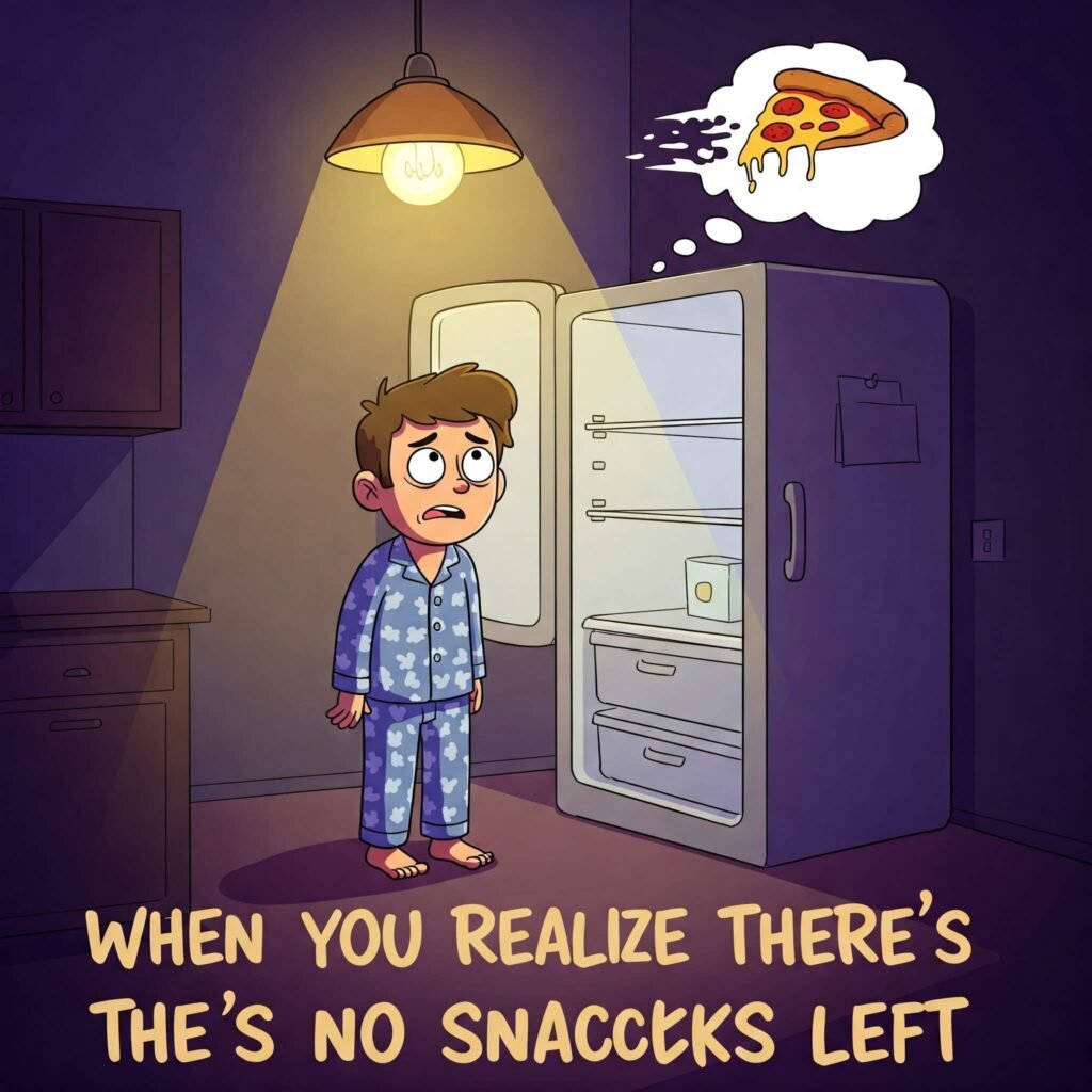 Empty fridge and a fading pizza - relatable snack meme.