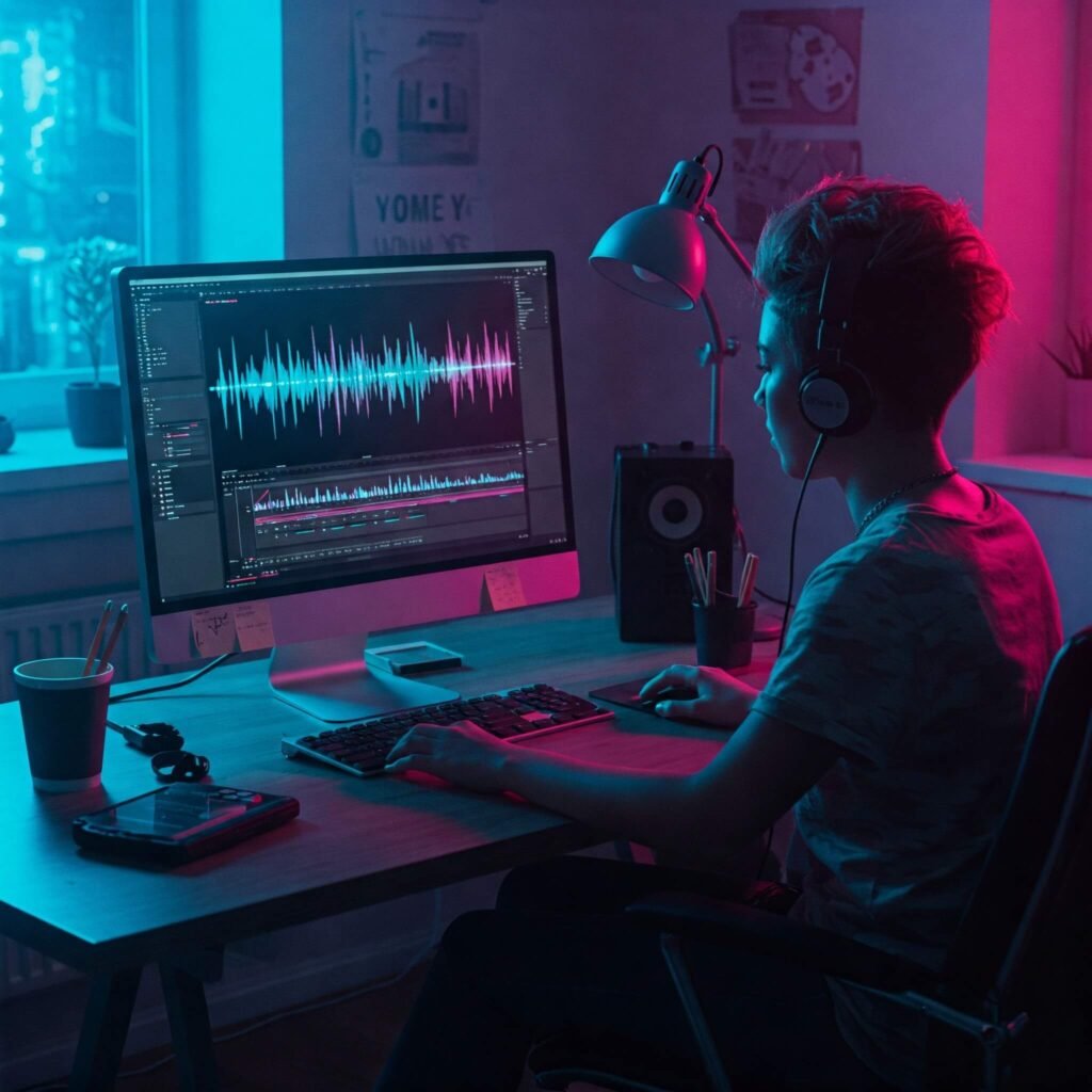 Content creator at a desk editing a video with colorful soundwave visuals on the screen, using neon blue and pink colors.