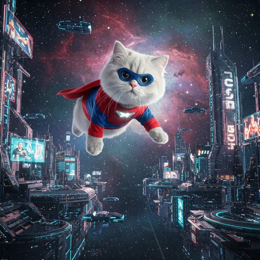 Superhero cat flying in a futuristic city.