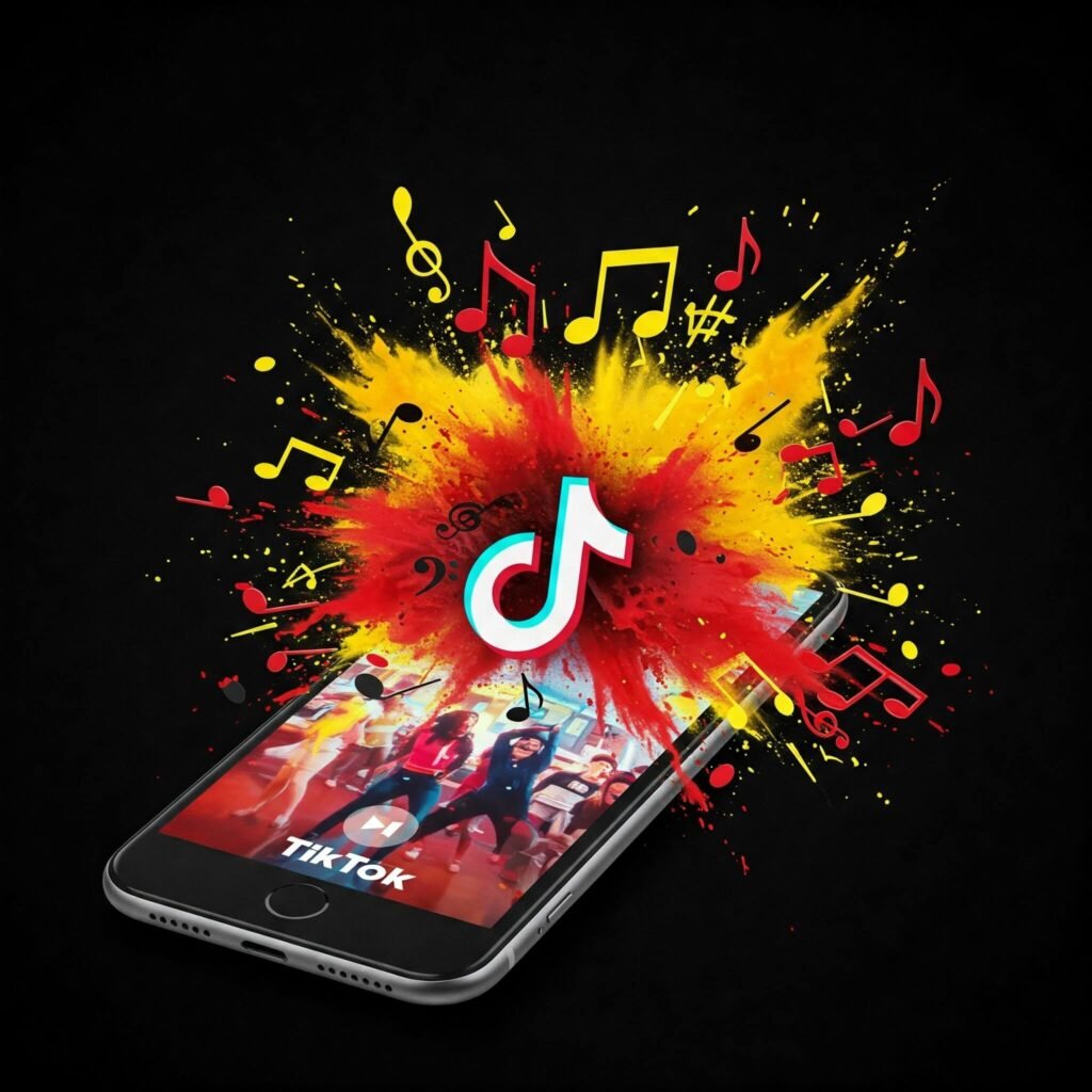 Smartphone displaying a viral TikTok video with musical notes bursting out, using bold colors like red, yellow, and black