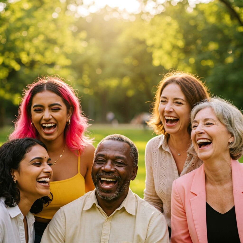 Diverse group laughing with joy.