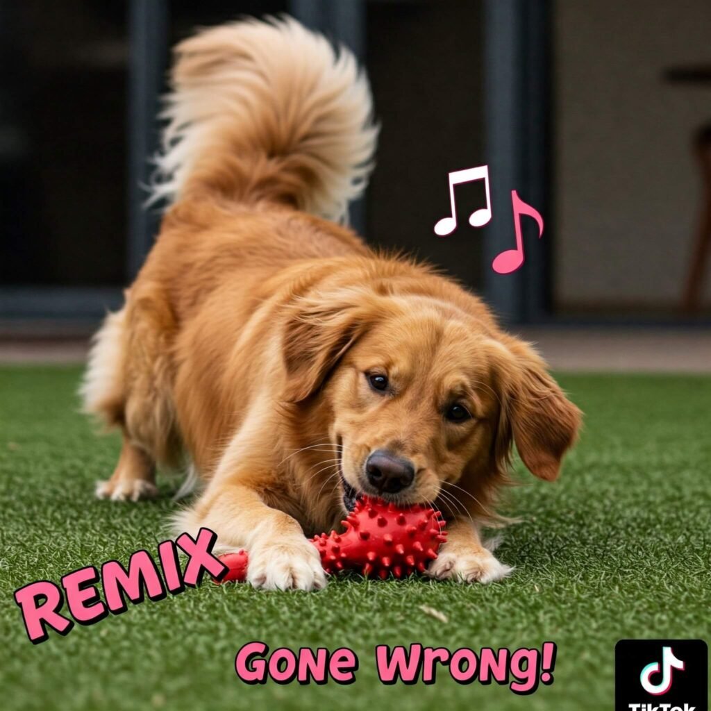 Dog tripping over a toy with TikTok sound reference.