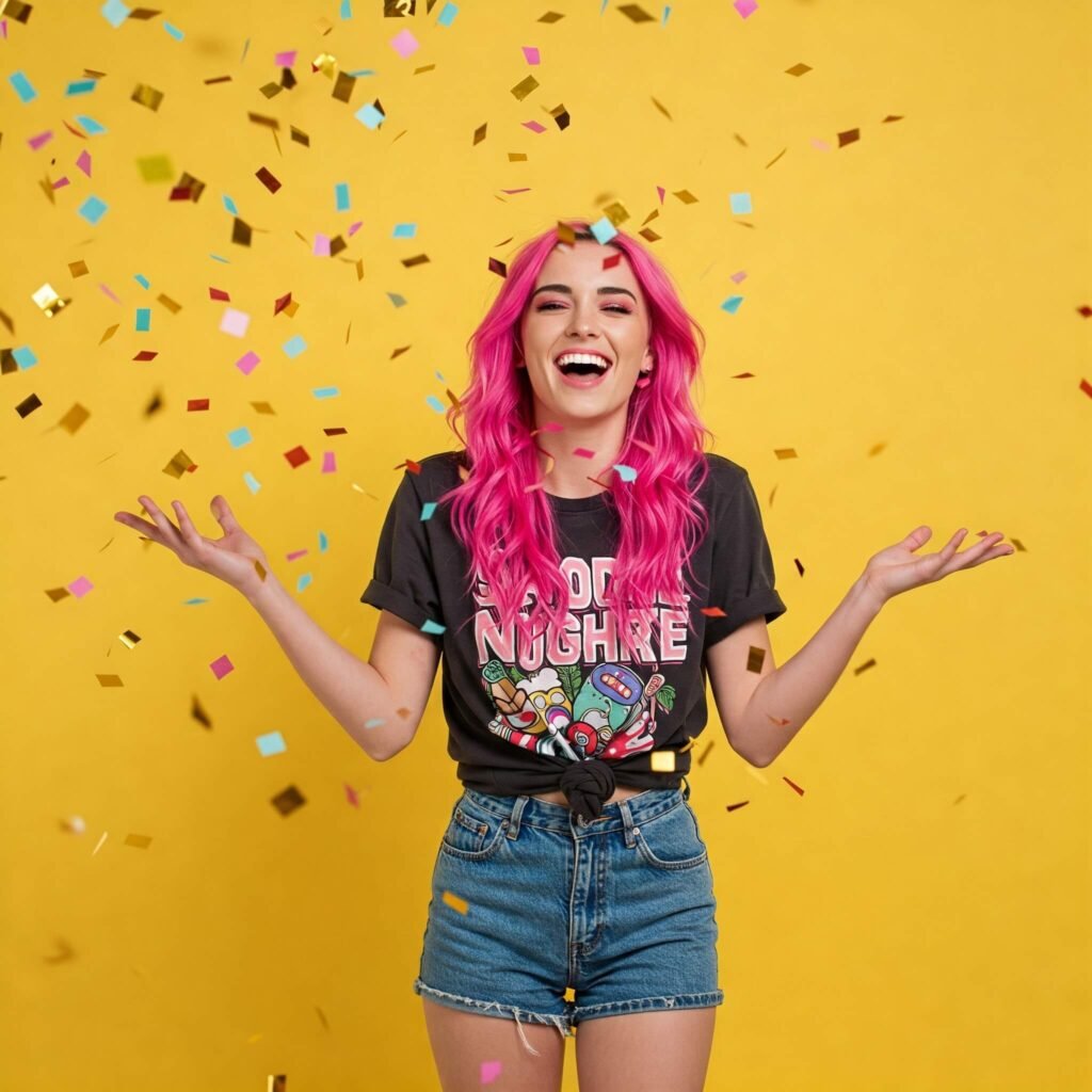 Person Celebrating Viral Post with Confetti