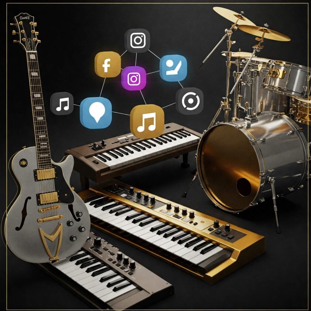 Creative collage of musical instruments (guitar, keyboard, drums) and social media icons on a sleek black background with metallic tones.