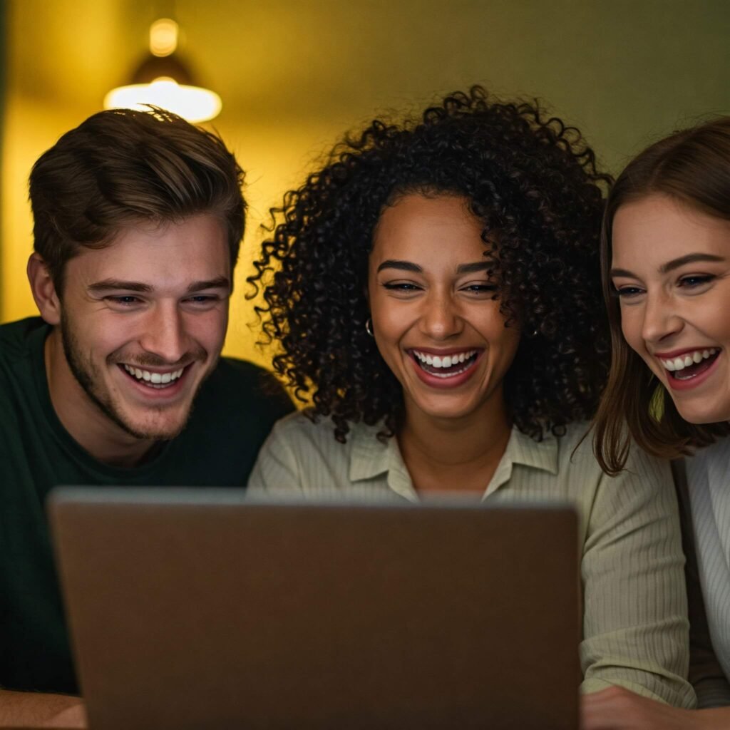 Friends Laughing Watching Laptop: Simple and descriptive.