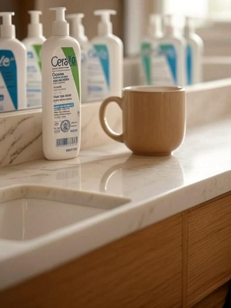 A cozy bathroom counter with CeraVe bottles, soft lighting, and a coffee mug nearby