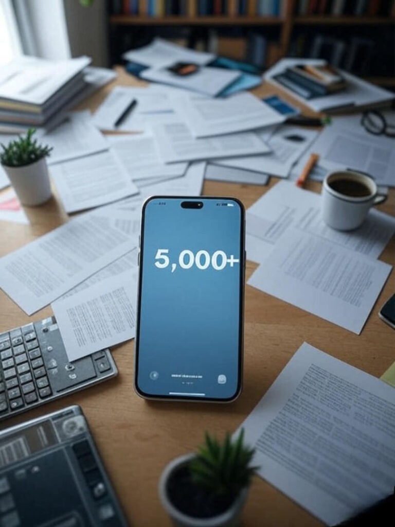 Overhead shot of a messy desk with an iPhone
