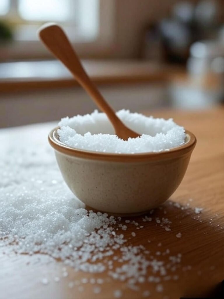 Close-up shot of a messy kitchen counter with a little bowl of the scrub, sugar spilling off the side.