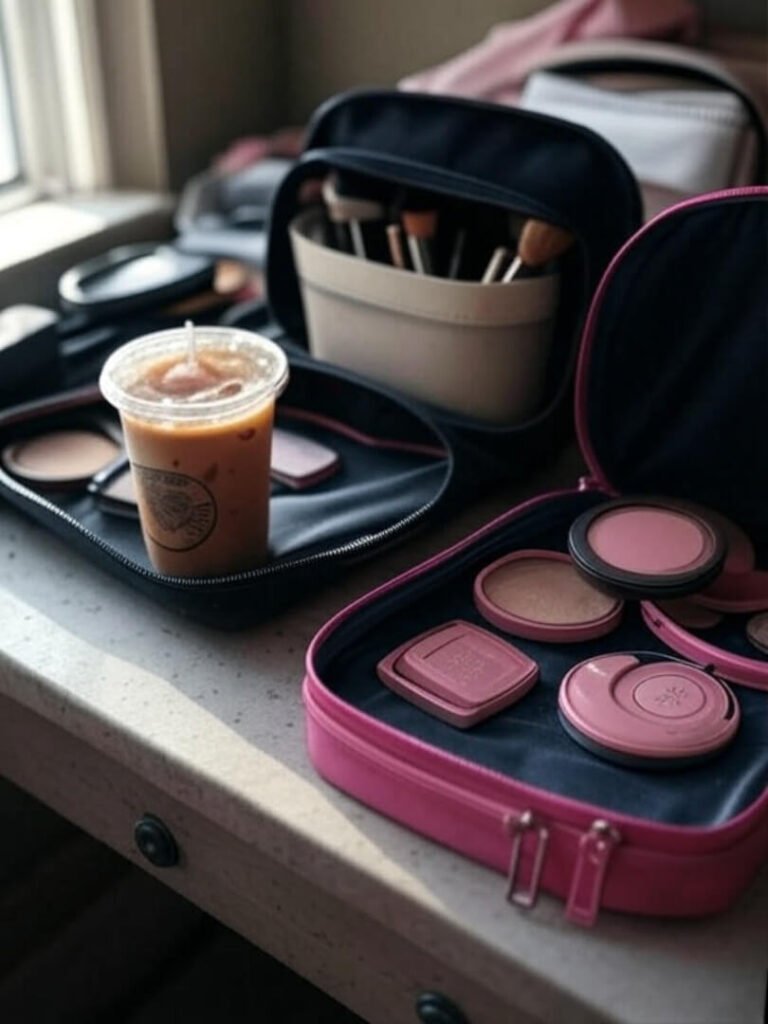 open makeup bags, iced coffee, natural light streaming in from the window, muted neutral tones with a pop of pink blush.