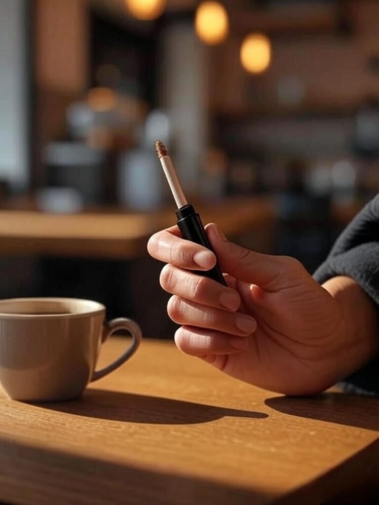 Close-up of a hand holding concealer wand over a coffee cup