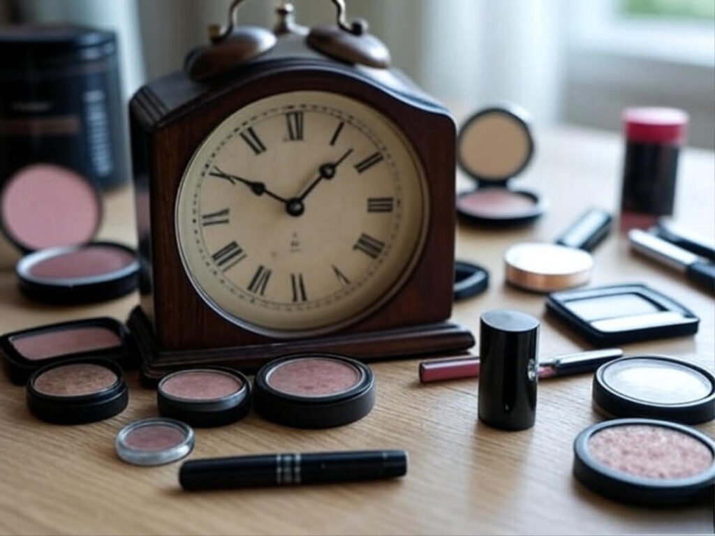 Side-by-side clock and makeup items