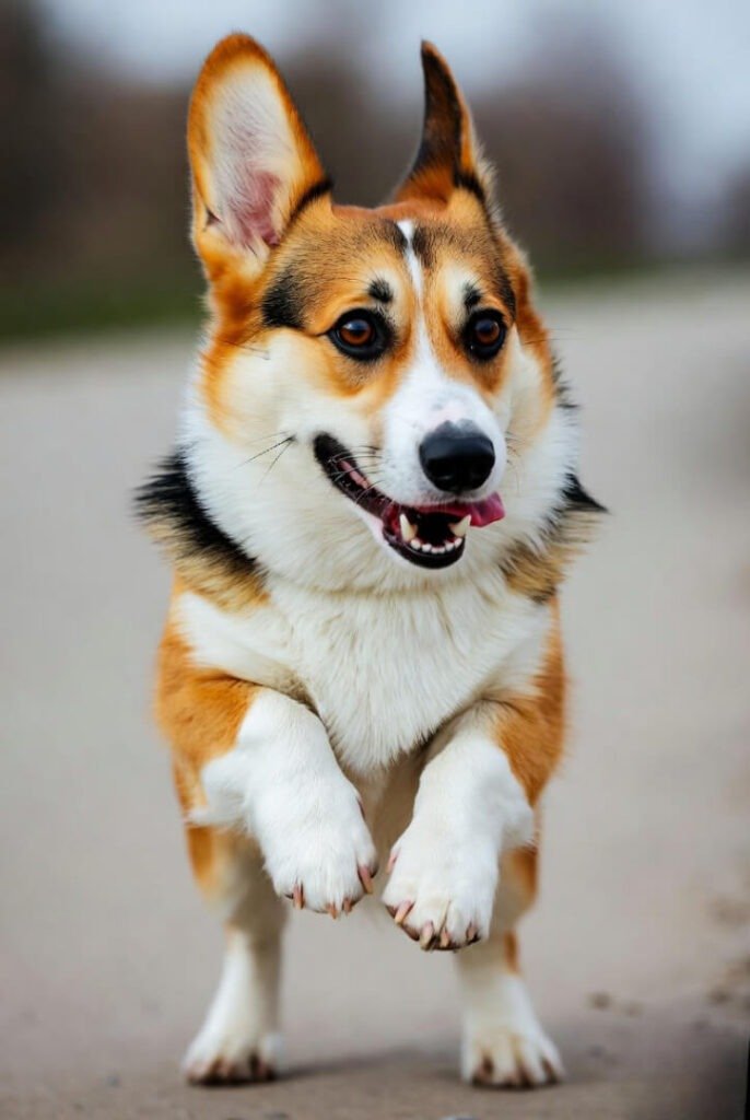 A close-up of a corgi mid-jump, ears flapping, bright outdoor lighting.