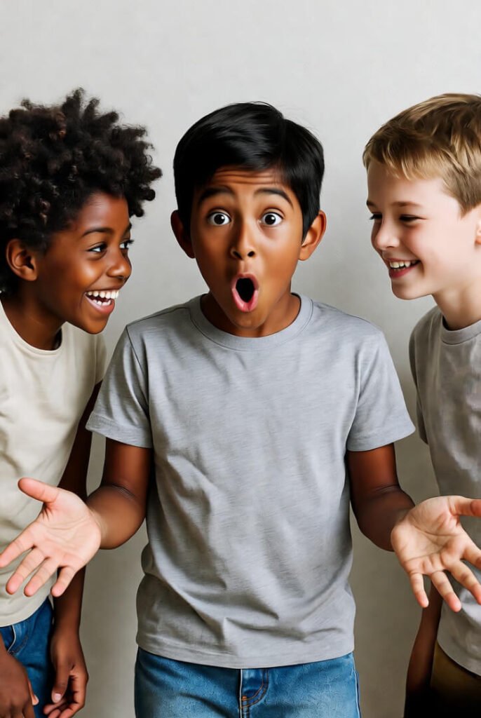 A kid flailing his arms while friends pretend he’s invisible.