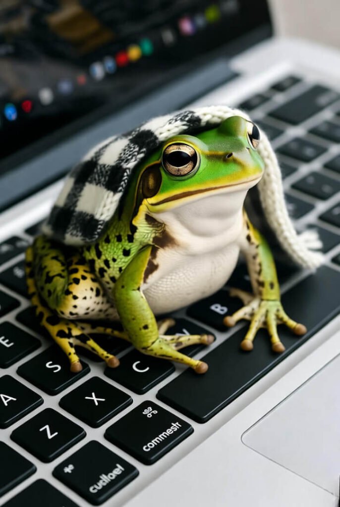 close-up of a frog sitting calmly on a laptop keyboard under a mini blanket