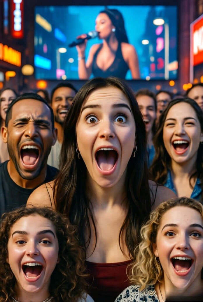 collage of people reacting with shock, laughter, and excitement while watching a music video on a big screen. collage of people reacting with shock, laughter, and excitement while watching a music video on a big screen.