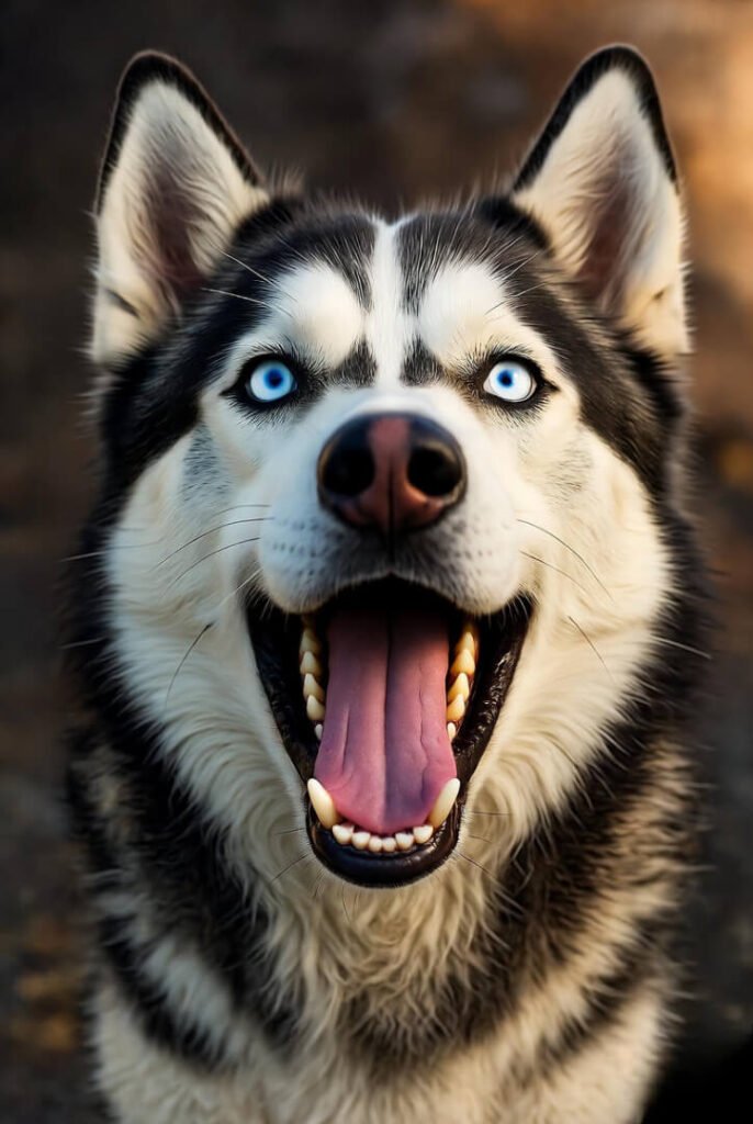 Husky mid-howl with dramatic lighting, slow zoom effect for comedy.