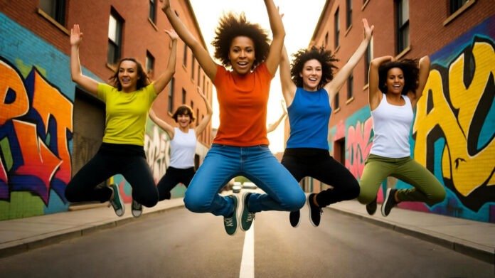 a group of dancers mid-jump in a city street—sunset lighting, graffiti walls, motion blur, energy everywhere. a group of dancers mid-jump in a city street—sunset lighting, graffiti walls, motion blur, energy everywhere.
