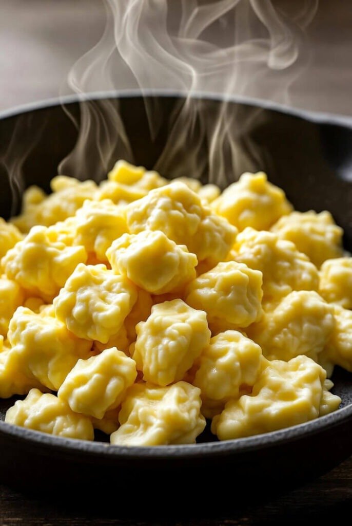Close-up of fluffy scrambled eggs in a cast-iron pan, steam rising, soft natural light.