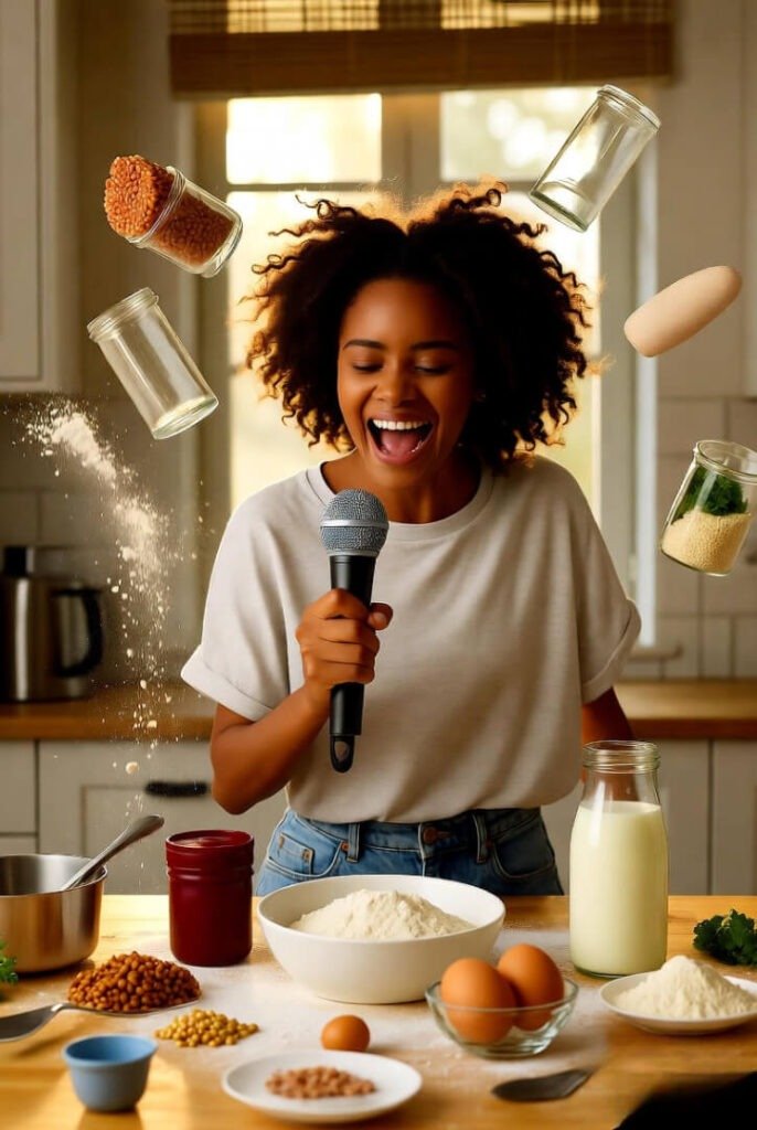 A messy but joyful kitchen scene — ingredients flying mid-air, laughing person holding a spatula like a microphone, golden afternoon light streaming in through a window.
