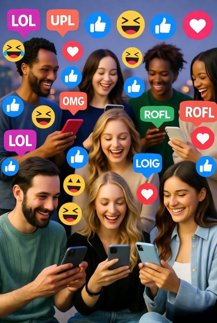 collage of people laughing while scrolling their phones, with colorful meme snippets and emojis floating around them. collage of people laughing while scrolling their phones, with colorful meme snippets and emojis floating around them.