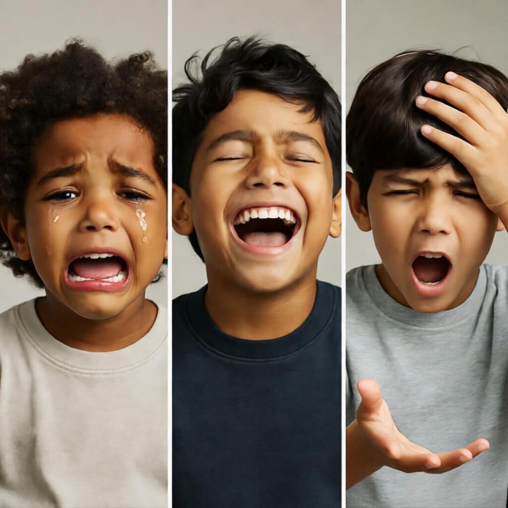 split screen of kid reactions — crying, laughing, dramatic poses)