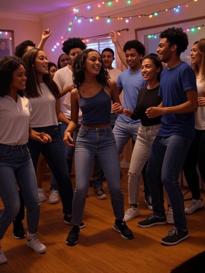 people mid-dance in a living room, phones propped up on tripods, fairy lights glowing in the background — giving that spontaneous “TikTok night” energy. people mid-dance in a living room, phones propped up on tripods, fairy lights glowing in the background — giving that spontaneous “TikTok night” energy.