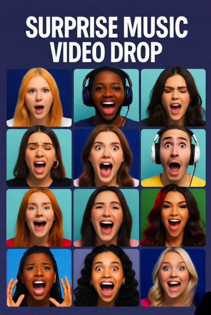 6.3s
Screenshot-style collage of fans reacting mid-scream to a surprise music video drop.