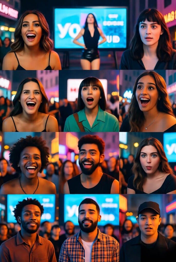 collage of people reacting with shock, laughter, and excitement while watching a music video on a big screen.