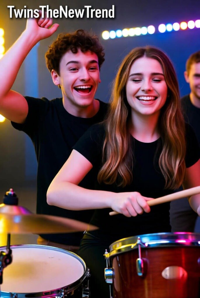 Screenshot of TwinsTheNewTrend mid-drum-solo freakout, joyful expressions.