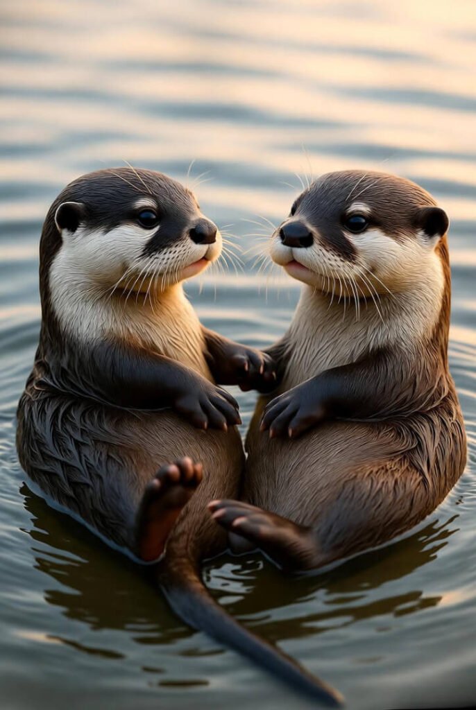 baby otters floating and holding hands, soft sunset light