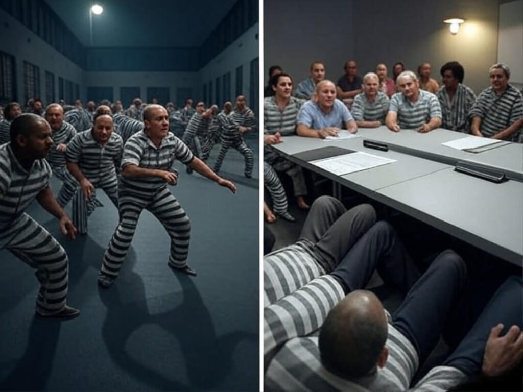Side-by-side: prison inmates doing Thriller vs judges’ stunned faces from a dance audition.