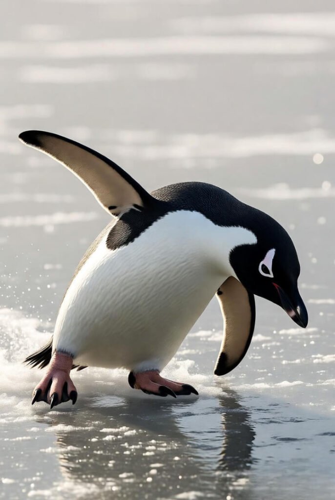 penguin slipping on ice mid-motion, bright natural lighting,